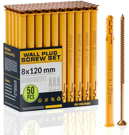 DC VOLTAGE 50 Pcs Wall Plugs and Screws Set 8mm x 120mm Concrete Fixings Screws and Wall Expansion Anchors Plugs Kit Wall Hanging Mounting TV Mount Drywall Self Tapping Screw Wall Plug