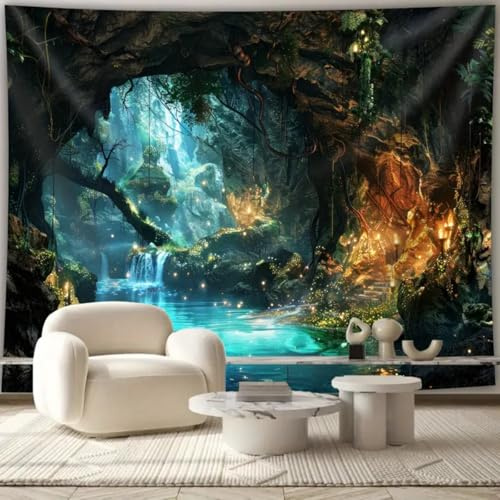 Arsey Wandteppich Magischer Wald, Mystischer Wasserfall- und Leuchtenden Pilz-Design Wandtuch, Wandteppiche Aesthetic Deko Wohnzimmer Schlafzimmer, Wandtücher groß, 300 x 180cm