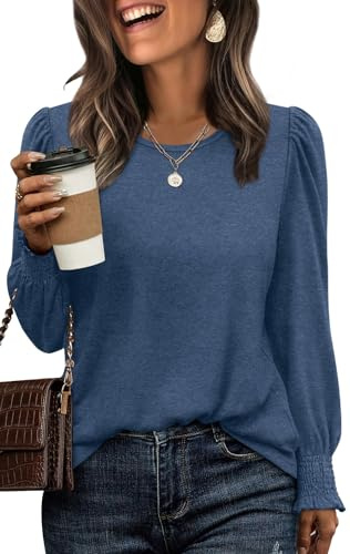 XIEERDUO Long Sleeve Tops Women Sweatshirt for Women Crew Neck Ladies Blouses Fall Outfits Puff Sleeve Tunic Tops Size 14-16 Navy blue
