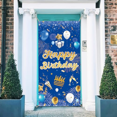 arricraft 1 Pc Happy Birthday Theme Door Cover, Gift Balloon Ribbon Patterns Banner Photography Background Backdrop for Birthday Party Door Wall Porch Indoor Outdoor Decoration 35.4x72.8 inch