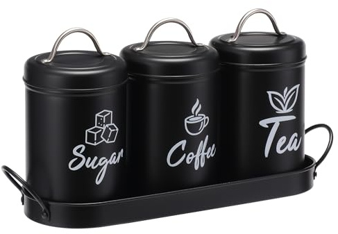 Tea Coffee Sugar Canisters Set of 3 with Handle Tray, Metal Airtight Storage Jars with Lids, Farmhouse Kitchen Food Storage Containers for Kitchen Countertop & Drink Station Organizer, Black