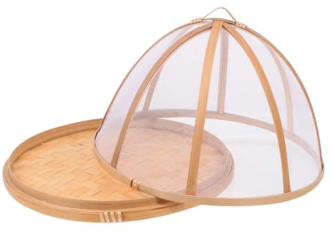 Hohopeti Cubierta de Plato Redonda de Bambú Khaki para Cocina y Mesa | Gasa, Sellado Ajustado, Prevención de Insectos, Tamaño Tolerancia de 0,5 a 1cm