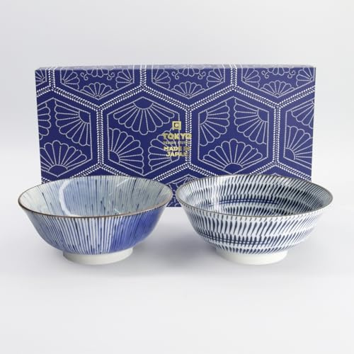 TOKYO design studio Mixed Ramen Bowl Gift Set – 2 Large Porcelain Bowls 1000ml – Made in Japan – Blue & White Patterns – Microwave & Dishwasher Safe – Gift Boxed