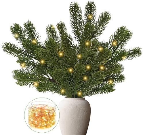 TINA 4 Bündel Beleuchtete Tannenzweige Künstlich wie Echt 44cm, Tannengrün Künstlich mit Beleuchtung Kiefernzweige, Weihnachtszweige Leuchtende Zweige für Weihnachtsdeko Adventskranz Deko Weihnachten