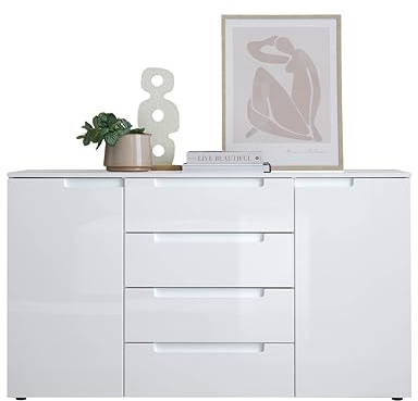 Stella Trading Spice Kommode in Weiß Hochglanz mit 2 Türen & 4 Schubkästen | 138 x 81 x 38 cm (B/H/T), Wohnzimmer, Esszimmer, Flur, 1 Einlegeboden, Melamin-Oberfläche, Stauraum