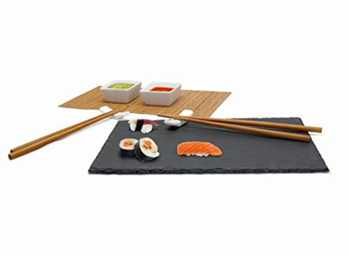 NERTHUS FIH 092 - Set de Sushi completo, Tabla de Pizarra, 2 juegos de Palillos, 2 apoya Palillos, Esterilla y 2 Vasos de Cerámica
