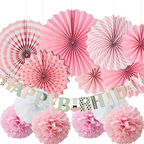 EASY JOY Geburtstagsdeko Mädchen Rosa Happy Birthday Girlande Geburtstag Dekoration Set Wiederverwendbar Tischdeko Party Deko Frauen Happy Birthday Girlande Fächer Pompoms für Kindergeburtstag