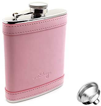 iSavage 6oz Light Pink Leather Wrapped Hip Flask with a Funnel 18/8 Stainless Steel-YM111