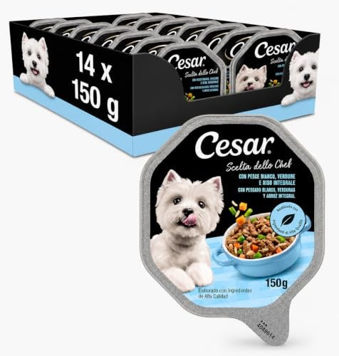 Cesar Scelta dello Chef Cibo Umido per Cani con Pesce Bianco alla Griglia, Riso Integrale e Verdure, 14 Vaschette da 150 g, Totale 2.100g
