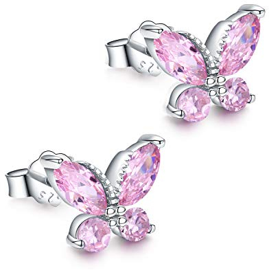 TANGPOET Schmetterling Ohrringe 925 Sterling Silber Klein Schmetterling Ohrstecker mit Rosa Zirkonia, Hypoallergene Kinderohrringe, Geburtstag Schmuck Geschenke für Mädchen Tochter
