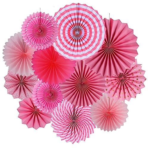 SUNBEAUTY Pink Tissue Paper Fans Decorations, Hanging Paper Fans 13pcs Supplies White Star for Birthday Party Wedding Baby Shower Decoration