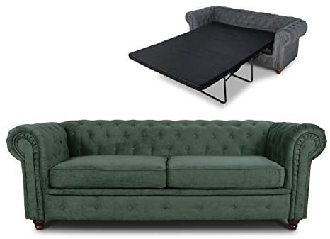 Schlafsofa Chesterfield Asti Bis 3-Sitzer, Sofa mit Schlaffunktion, Couch 3-er, Couchgarnitur, Sofagarnitur, Holzfüße, Polstersofa (Grün (Capri 74))