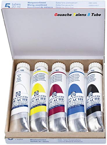 talens Royal Boîte de Peinture Gouache Extra-Fines Artists, 5 Tubes de 20ml Couleurs primaires