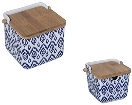 DRW Original cerámica Cuadrado con Tapa Madera 12x12x12 cm (Pack salero y azucarero Azul)