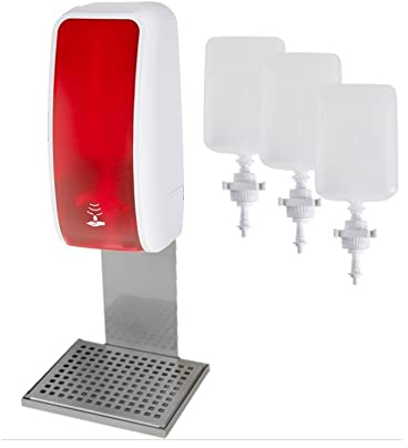 Blanc HYGIENIC Desinfektionsspender Cosmos – Spender mit Sensor, Tischständer und 3 x 1 Liter Desinfektionsmittel, ergiebige Händedesinfektion für ca. 3000 Anwendungen, Rot und Weiß