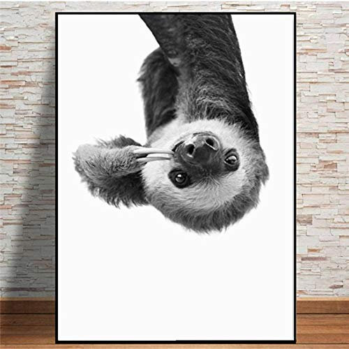 Rumlly Leinwandbilder Faultier Tier Modern Schwarz Weiß Wohnzimmer Dekoration Poster Kinderzimmer HD-Druck Wandkunst Bild Wandbild 50x70cm Rahmenlos