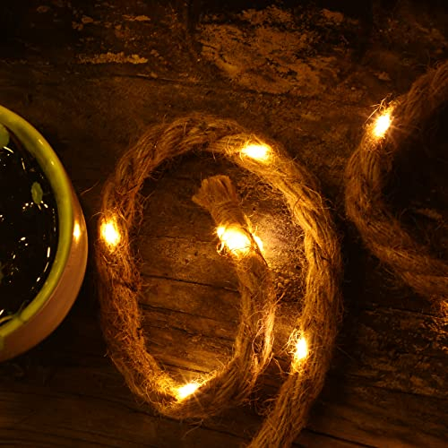 Gresonic Cadena de luces LED de 25 ledes, 2 m de largo, funciona con pilas, temporizador, cuerda de algodón, cuerda de yute, cuerda de yute, color blanco cálido, decoración de jardín, iluminación
