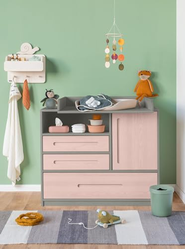 BioKinder Wickelkommode Babykommode Kommode Lina mit 3 Schubladen und Tür aus zertifizierten Bio-Kiefernmassivholz Elefantengrau und Kiefer Steinrosé lasiert 110 x 90 x 55 cm