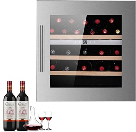 0℃ Outdoor Cantinetta Vino, Frigorifero per Vini ad Incasso, 30 Bottiglie Mini Frigo Bar Frigorifero per Vini, Temperatura Digitale del Tocco di 5-22°C, Illuminazione a LED,Argento,Single Temperature