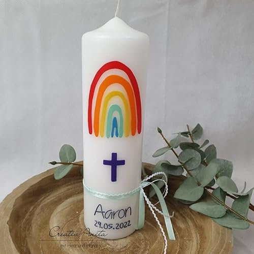 Taufkerze mit Regenbogen - bunt inkl. Aufbewahrungsbox