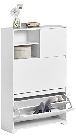 SoBuy FSR111-W Armario de Entrada Blanco Zapatero 2 Solapas,1 Puerta y 2 Compartimentos Abiertos 71 x 24 x 118 cm ES