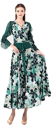 JRUIA Vestidos De Concurso De Baile De Salón Escote En Pico Traje De Baile De Vals Foxtrot De Manga Larga Traje De Actuación Rendimiento Moderno Tango Salsa con Volantes Vestido De Fiesta,Verde,XL