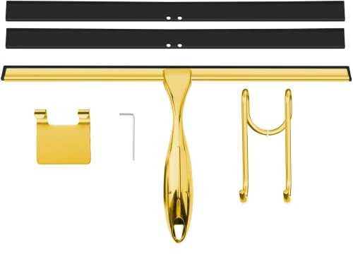 TOOVEM 14 Inch Shower Squeegee for Glass Doors, Window, Bathroom, Car Windshield, Shower Cleaning Tools with S Hook, Square Sticky Hook (Gold)
