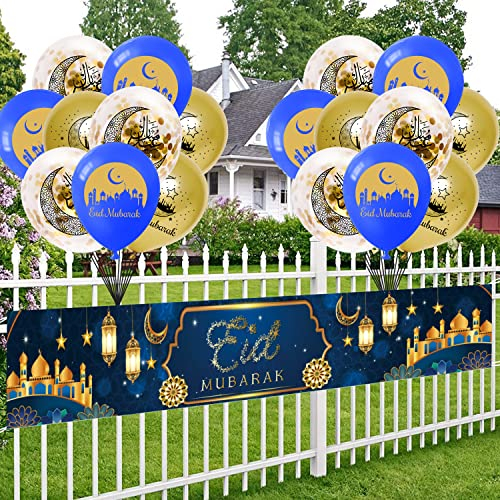 Eid Mubarak Dekorationen, 300 × 50cm langes blaues Gold Stoff Banner mit 18PCS Ballons für Eid Party Dekor, Eid Mubarak Hintergrund Banner Tisch Wand Raum Zaun Innen Außendekorationen