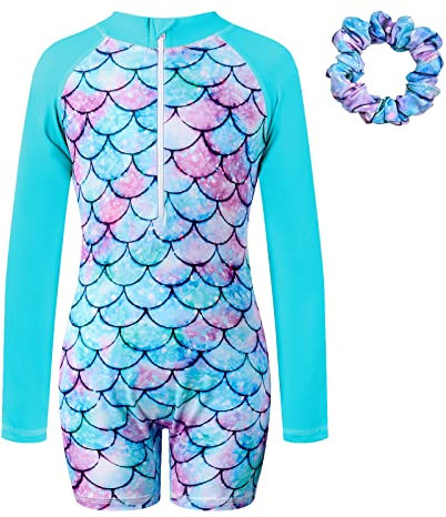 Vine Girls Swimsuit One Piece Swimwear Long Sleeve Zipper Sun Safe Mermaid Bathing Suit Swimming Costume for Girls Age 9-10 Years