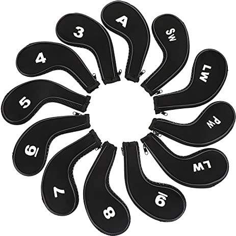 Hipiwe Number Print Golf Club Irons Covers Neoprene Zippered Driver Head Cover with Long Neck, Set of 12, Black