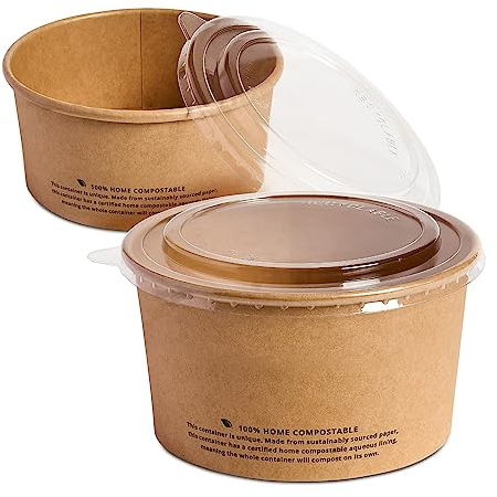 DISPOSABLE GREEN - NEXTGEN Kraft Paper Bowls, Food/Salad Bowl with RPET Clear Lid, Leakproof-&-Oil-Proof Soup Containers, Ice Cream Tubs, Repulpable & Disposable Bowls, 12oz, 50 Pieces