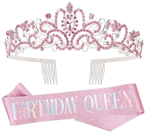 DRESHOW Geburtstagskrone und Schärpe für Damen Geburtstagskönigin Schärpe & Strass Tiara Set Geburtstag Tiaras und Schärpen für Mädchen Geburtstag Dekorationen Haarschmuck Glitter Schärpe für Party