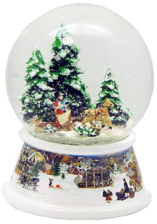 Schneekugel Schlittenfahrt mit Pferdekutsche * auf Sockel nostalgische Winterlandschaft hellblau Häuser Weihnachten Winter mit Spieluhr - 100mm breit | 20102