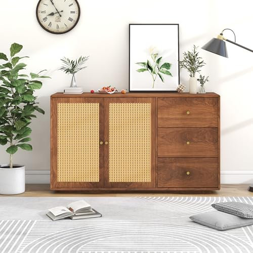 kubeier Meuble TV en chêne Massif avec tiroir en Bois, Meuble TV avec 3 tiroirs et 2 Portes, Buffet Bas avec poignées en métal, 130 x 40 x 76 cm