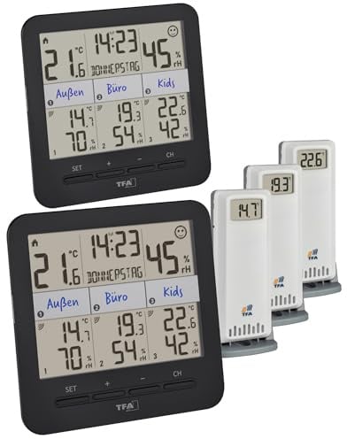 TFA-Dostmann Klima@Home2 Plus, 30.3075.01.99, 2 Display, Thermo-Hygrometer mit 3 Sender, Temperatur/Luftfeuchtigkeit in Wohn- & Arbeitsbereichen, Angabe des Taupunktes zur Schimmelvermeidung