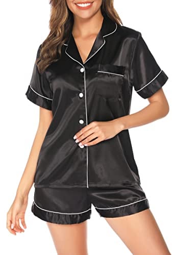 Lovasy Silk Pyjamas for Women Satin Pyjama Set Button Down Ladies Pajamas Classic Short Pjs Sets,Black,S