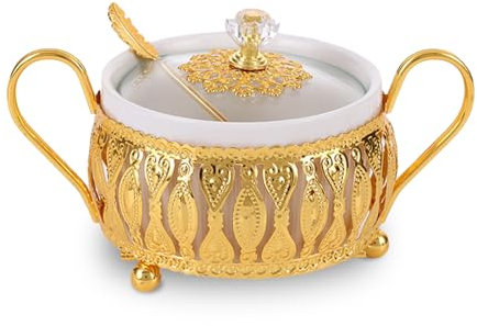 Flylin Sugar Bowl, Turkish Sugar Bowl with Lid and Spoon for for Candy Cookie Honey, Golden Vintage Glass Seasoning Jar for Home and Kitchen Coffee Bar