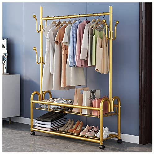 WOWCSXWC Exquisite Kleiderstange Eingang Garderobenständer Industrie Flur Baum Kleiderständer auf 4 Rollen Display Rack Metall Hängeregal Kleiderständer für Boutique Einzelhandel oder Zuhause/Gold