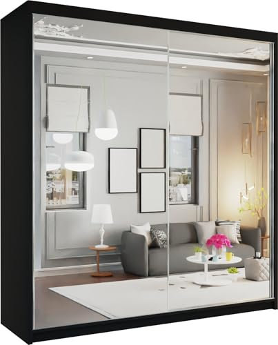 MN Furniture Tilburg Full Mirror Sliding Mirror Door Wardrobe Space Saving Cabinet Bedrrom Closet Comes with 2 Colors & 2 Sizes (Black, 200cm)
