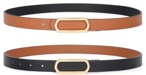 JASGOOD Skinny Reversible Belts for Women Thin Leather Belt for Dresses Jeans Pants with Gold Silver Buckle,1Pack,Black/Brown L