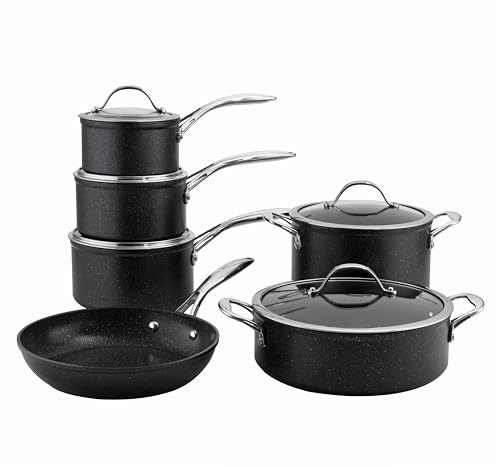 ProCook Professional Black Granite Induction Hob Pots & Pans Set Non-Stick Saucepan Set Cookware Induction Pans - 6 Piece, 14/16/18/20/24 cm, 1.2/1.8/2.5/3.5 L