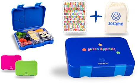sosame® Brotdose für Kinder mit 6 Fächern – Bento Lunchbox auslaufsicher – inkl. Baumwoll-Kordeltasche & Buchstabenaufkleber – Jausenbox für Schule & Kindergarten (Blau)