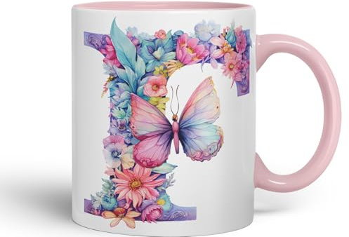 Vixar Letter F Mug, Floral Flowers Butterfly Alphabet Letter F Monogram Watercolour Ceramic Coloured Mug Cup for Tea Coffee Hot Brew 330ml 11Oz Gift (Pink)