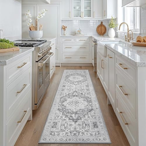 GENIMO Vintage Teppich Flur 60x180CM Waschbarer Teppich Küche Kurzfloriger Schlafzimmer Teppiche, Rutschfester Läufer den Balkon, Grau