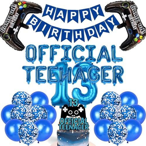 13 Geburtstag Dekorationen Junge Blau - 40 Stück Offizielle Teenager Buchstaben Luftballons Controller Nummer 13 Folienballon Happy Birthday Banner Konfetti Ballon Geburtstag Dekorationen für Jungen