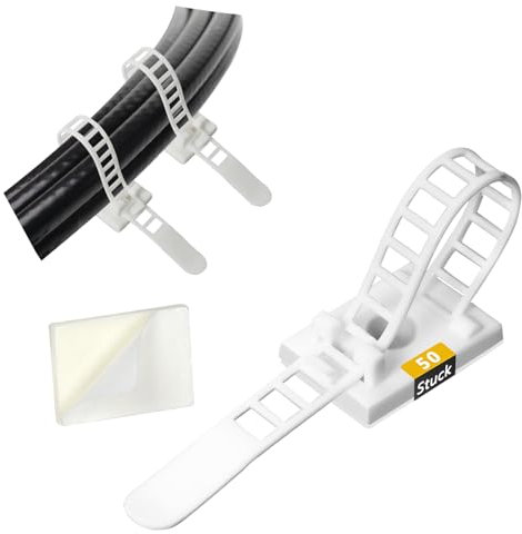 Attache Câble Adhésif Réutilisable Lot de 50 Blanc Organisateur Câbles Bureau avec Vis Fixation Réglable pour Câbles USB Ethernet Alimentation Collier Serrage Nylon pour Maison Bureau