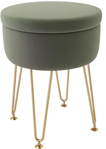 HOMCOM 5L Velvet Storage Ottoman Round Ottoman 33 x 33 x 43 cm Green | Metal Hairpin Legs, Removable Lid, Dressing Table Stool, Side Table, Footstool, Hallway Bedroom Living Room
