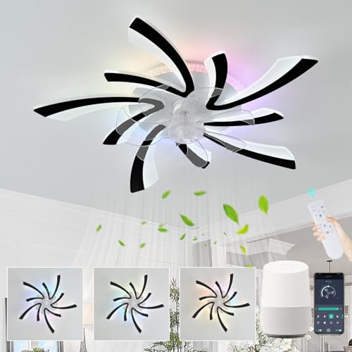 RGB Deckenventilator Mit Beleuchtung Kompatibel mit Alexa, Moderne Blume Ventilator Lampe LED Dimmbar, 6 Gang DC Motor Reversibler Deckenlampe Mit Ventilator Für Schlafzimmer Wohnzimmer-Schwarz