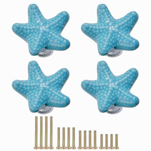 4 Pièces Bouton de Meuble en Céramique en Forme de Étoile - Boutons de Portes pour Placards - Poignée De Meuble Cuisine avec 4 Tailles de Vis, Bleu