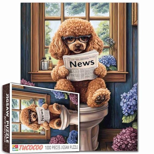 Tucocoo Adorable Puzzle de Chien Caniche Marron 1000 Pièces Hortensias - Style Ferme - Puzzles pour Adultes, Puzzle Animal Lecture de Journal pour Jeux en Famille, Artisanat Bricolage, Cadeaux
